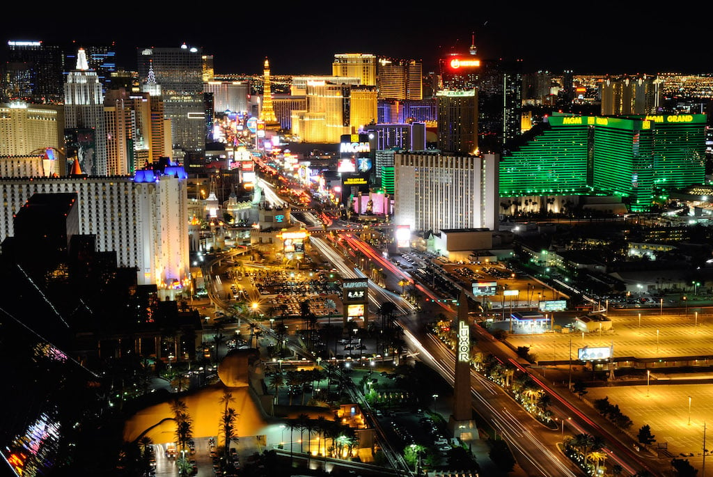 A view of the Las Vegas Strip seen before Earth Hour from the House of Blues Foundation Room inside the Mandalay Bay Resort & Casino March 26, 2011 in Las Vegas, Nevada. Hotel-casinos in Las Vegas turned off marquees and non-essential exterior lighting to participate in Earth Hour, a global initiative by the World Wildlife Fund to focus attention on the threat of climate change. (Photo by Ethan Miller/Getty Images)