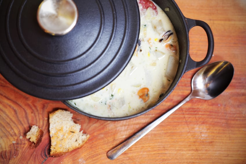 Seafood chowder with potatoes and corn
