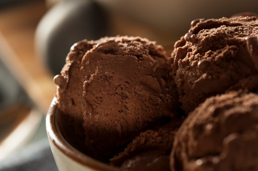 closeup of a bowl filled with chocolate ice cream