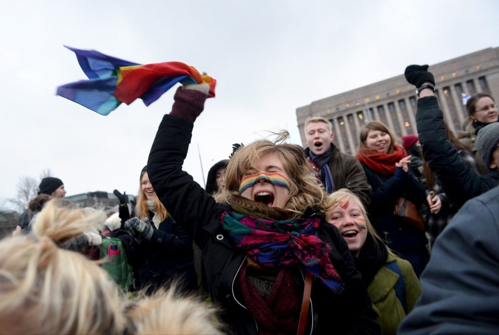 people in Finland celebrating same sex marriage