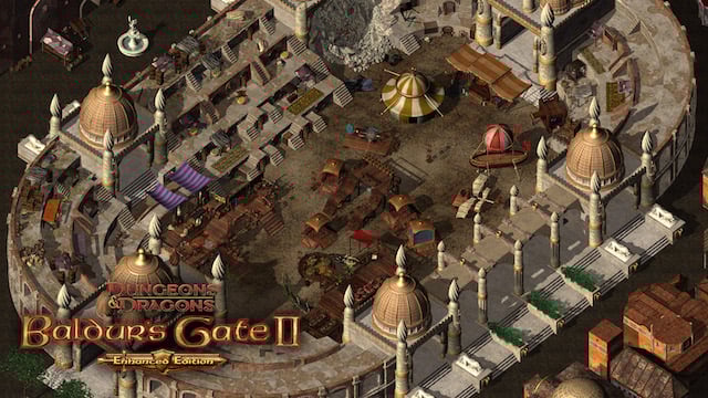 A view of a medieval-style town from above.