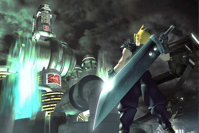 Cloud Strife stands with his giant sword, ready for a fight.
