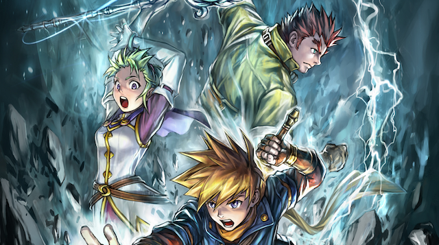 The heroes of this Game Boy Advance role-playing game stand in a storm.