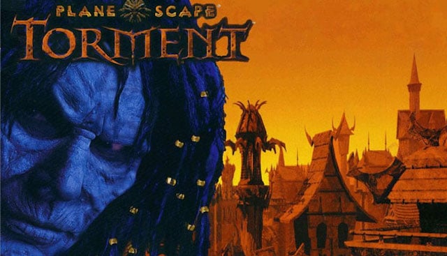 A blue-faced man stands in front of a village on the cover art for Planescape: Torment.