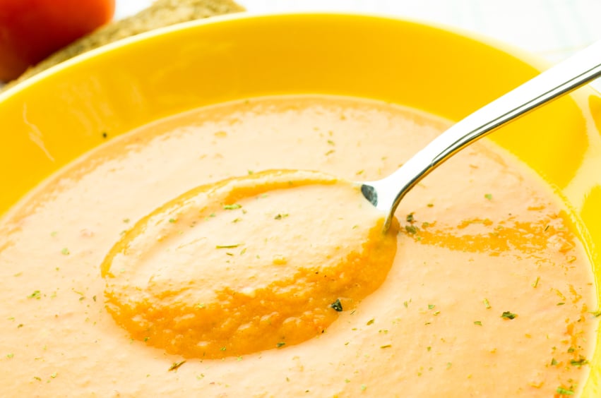 Tomato soup, gazpacho, yellow pea soup