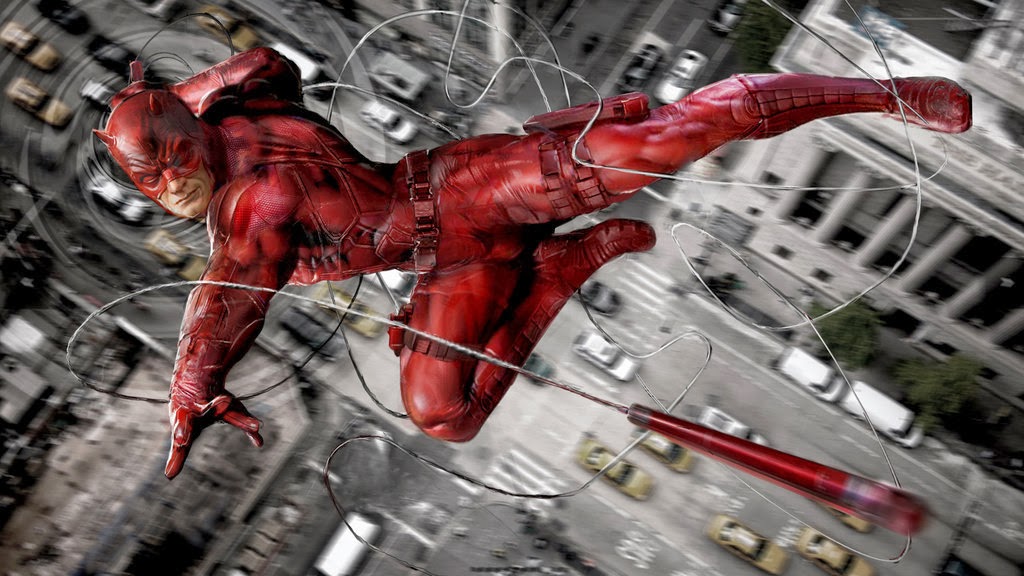 Daredevil throwing his baton while flying through the air