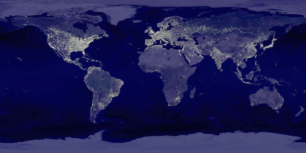 This image of Earth's city lights was created with data from the Defense Meteorological Satellite Program (DMSP) Operational Linescan System (OLS). Originally designed to view clouds by moonlight, the OLS is also used to map the locations of permanent lights on the Earth's surface. (Photo by NASA/Newsmakers)