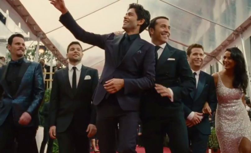 Kevin Dillon as Johnny "Drama" Chase, Jerry Ferrara as Salvatore "Turtle" Assante, Adrian Grenier as Vincent Chase, Jeremy Piven as Ari Gold, Kevin Connolly as Eric "E" Murphy, and Emmanuelle Chriqui as Sloan in evening wear on the red carpet on Entourage