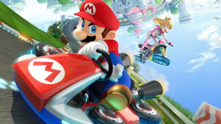 Mario weaves through competitors to win the race in Mario Kart 8.