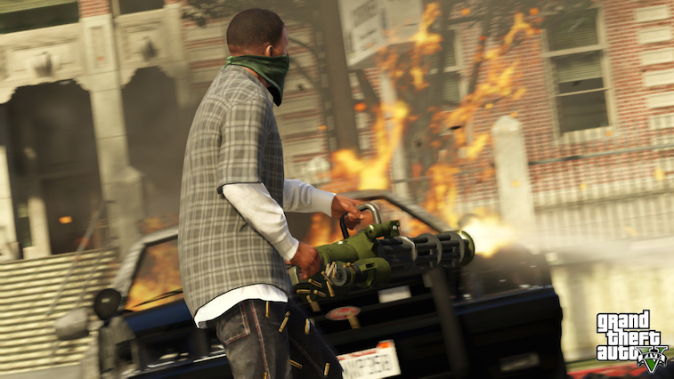 A character from GTA5 setting fire to a car.