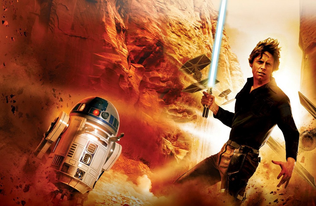 Luke Skywalker standing next to R2-D2, while holding a lightsaber and looking to the right of the frame