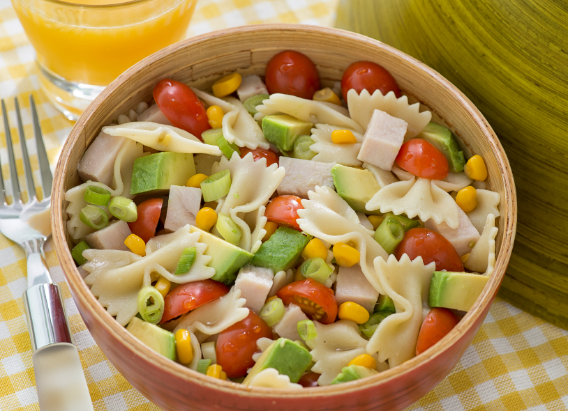 pasta salad, avocado, corn, tomato