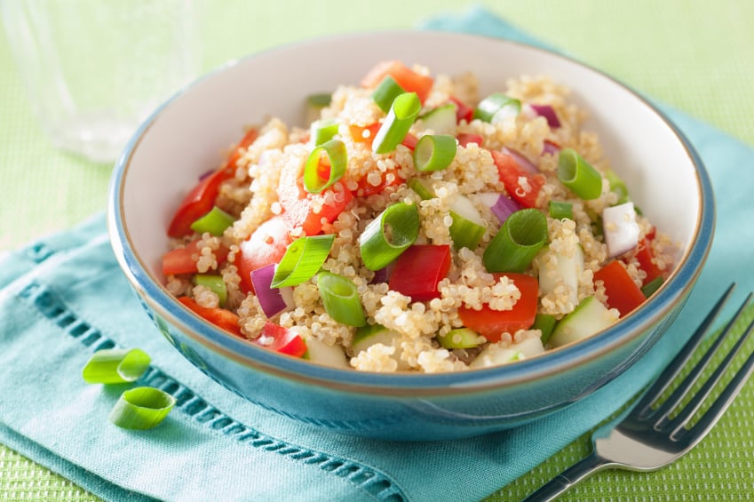 couscous salad with tomato, cucumber, onion, chives