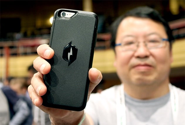 Dr. Robert Lee of Nikola Labs holds one of the first prototypes of the company's smartphone case at TechCrunch Disrupt