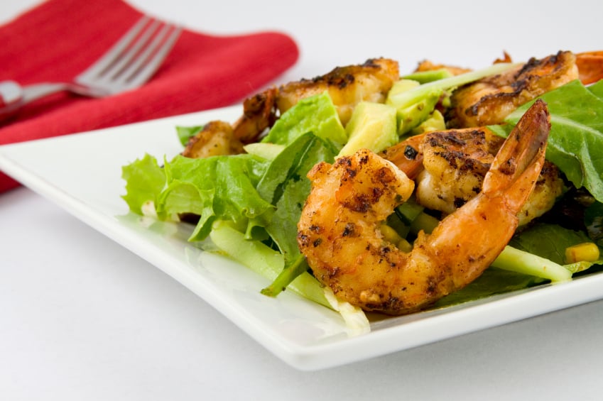 salad, grilled shrimp, avocado
