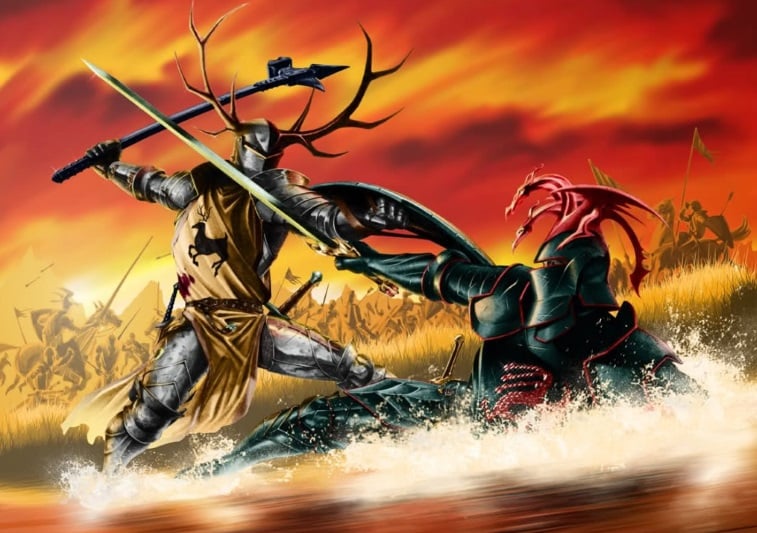 Robert Baratheon swings a hammer at Rhaegar, who's fallen into a river