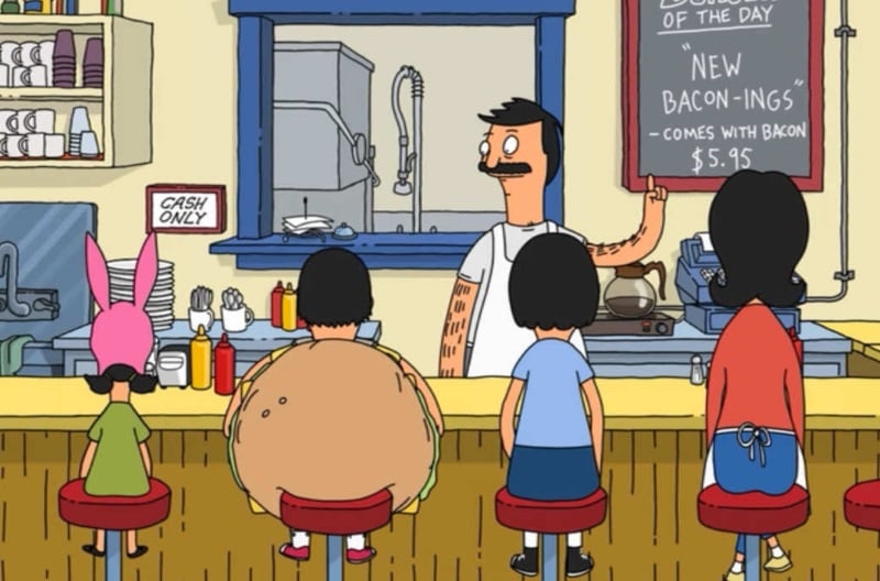 The cast of Bobs Burgers sits at the bar in order of height