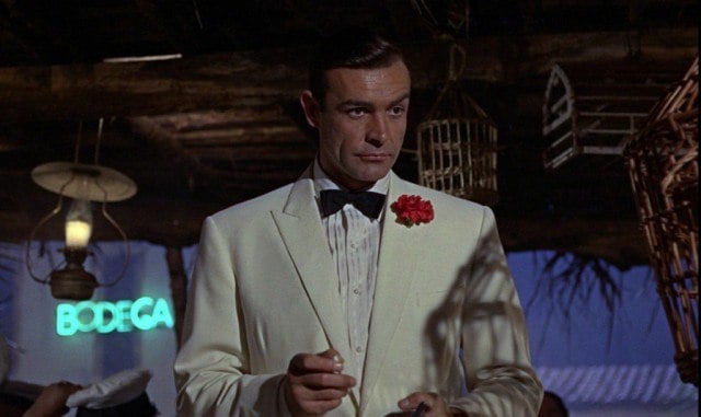 James Bond is in a white tux.