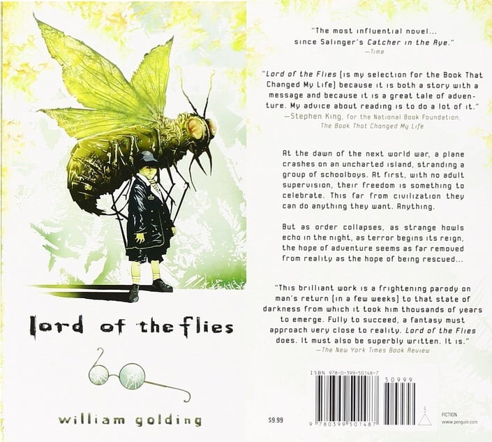 Lord of the Flies cover art, with a giant fly grasping a young boy from above
