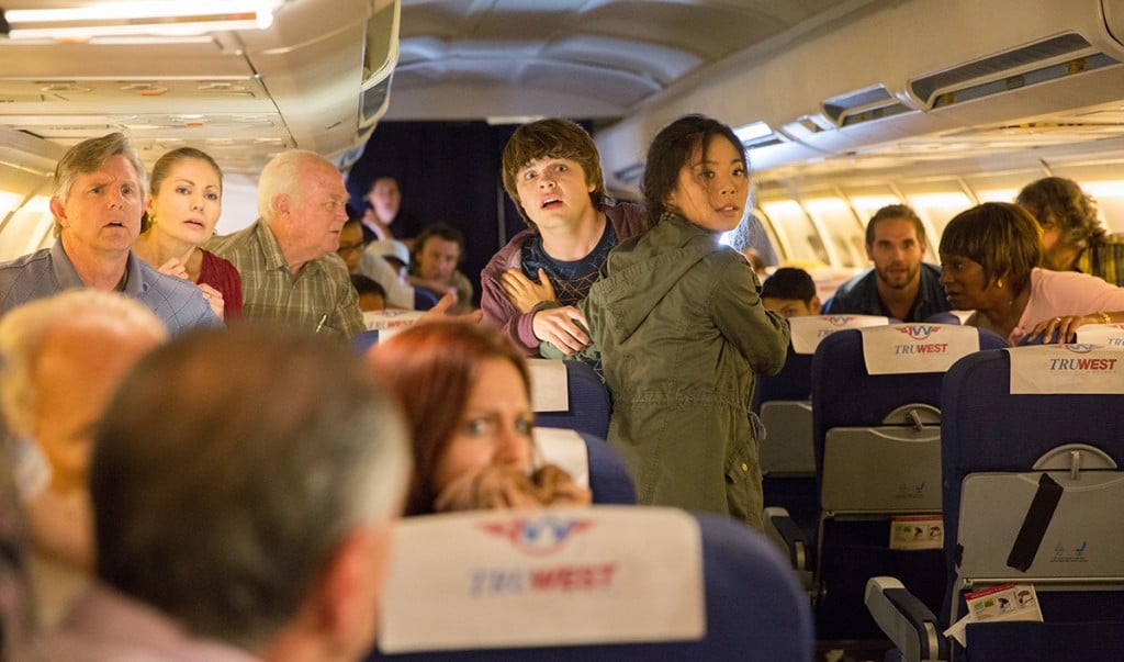 Jake (Brendan Meyer) and Alex (Michelle Ang) look frightened during a moment from the 'Fear the Walking Dead' web spinoff, 'Flight 462'