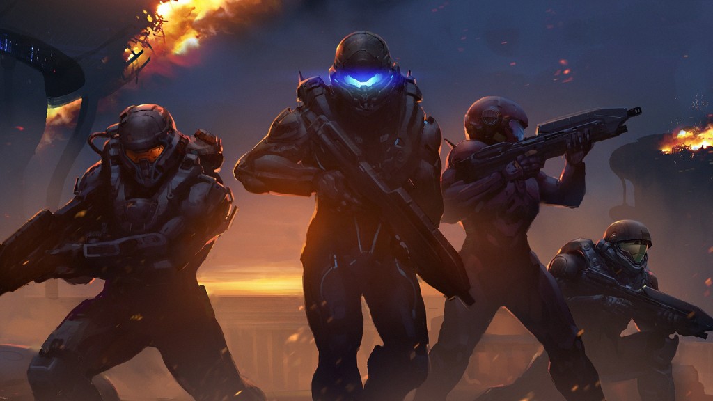 A team of four Spartans stands ready for battle in Halo 5.