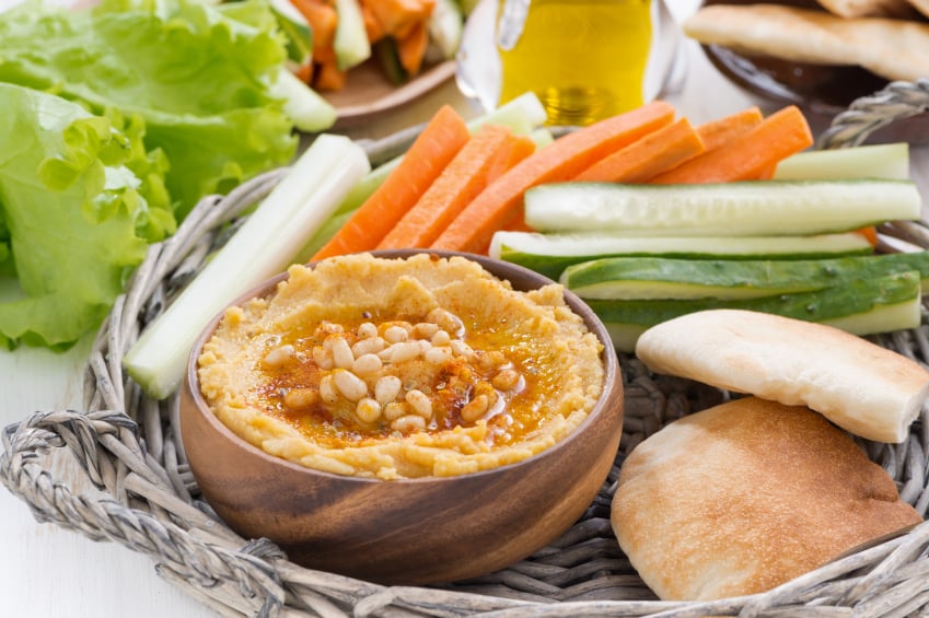 hummus, pita bread, vegetables