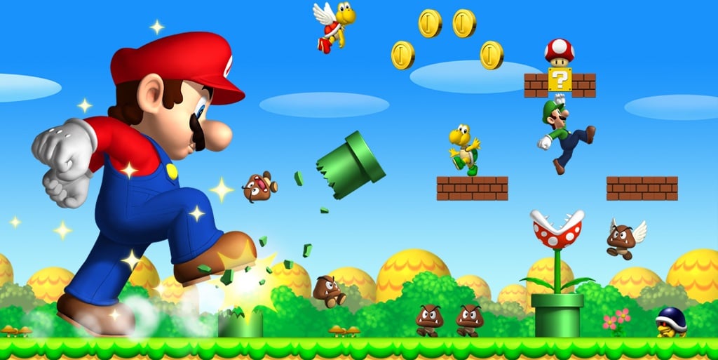 A scene from New Super Mario Bros. Wii U with a giant Mario breaking pipes and scaring goombas.