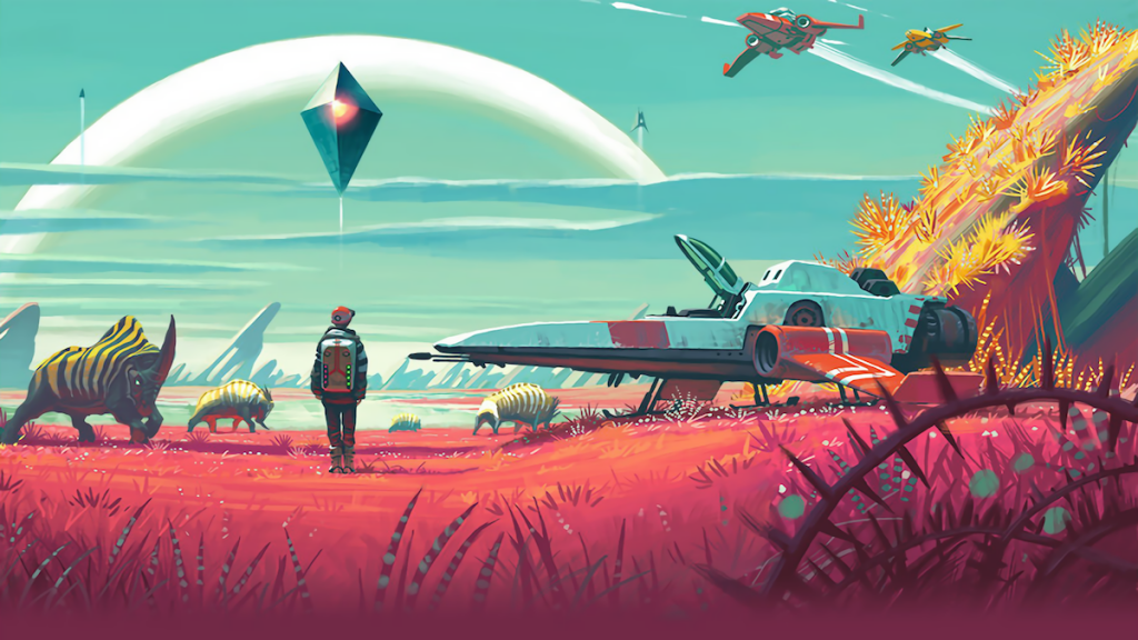 A space explorer stands near a ship on an alien planet in No Man's Sky.