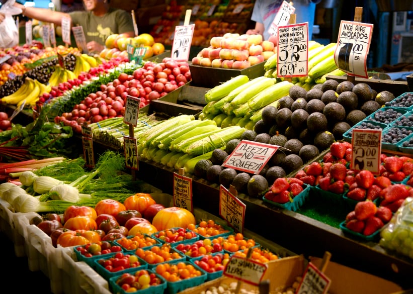 fresh fruits and vegetables at farmers market 