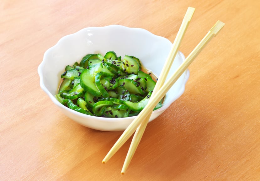 Japanese cucumber and sesame salad with chopsticks
