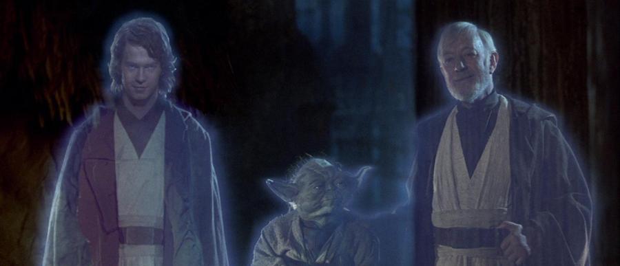 Anakin Skywalker, Yoda, and Obi-Wan Kenobi as Force "ghosts" in Return of the Jedi.