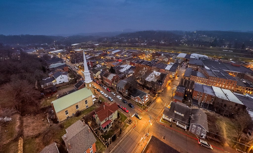 Overhead view of Galena, Illinois at night