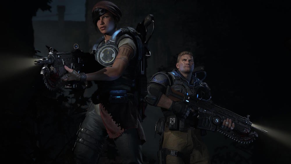 Two soldiers prepare to fight a locust horde in Gears of War 4.