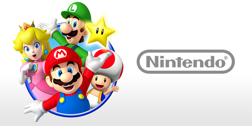 Mario, Luigi, Peach, Toad, and a Nintendo logo