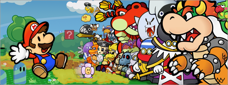 Paper Mario is being chased by a pack of colorful enemies.