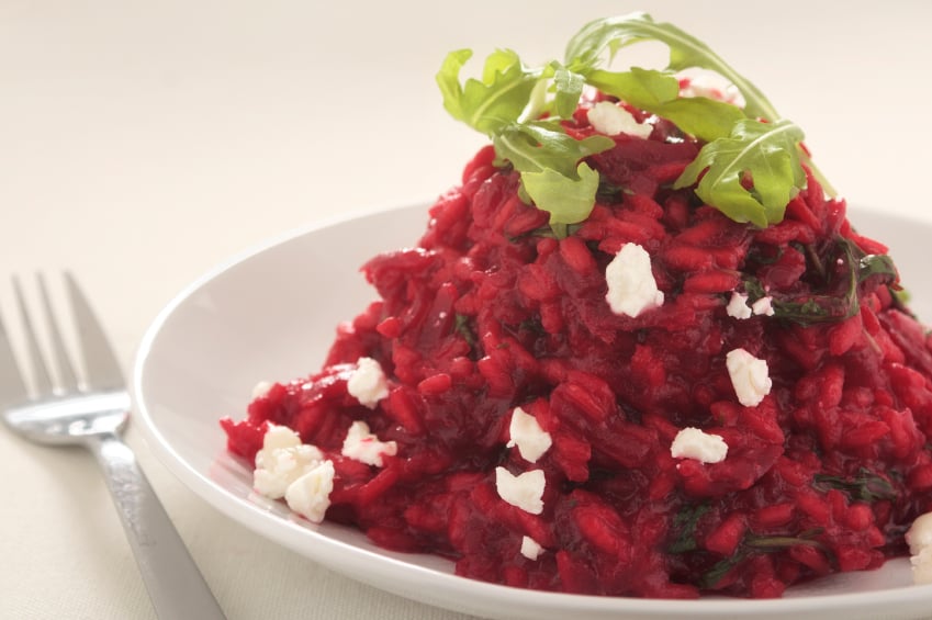 beet risotto with goat cheese and arugula