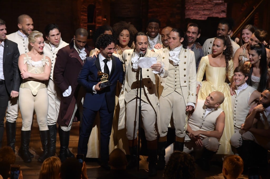 The cast and crew of 'Hamilton' accept a Grammy Award in 2016. 