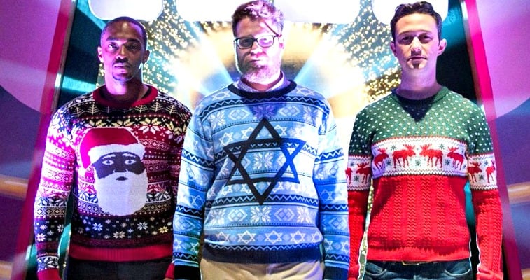 The cast of The Night Before wearing Tipsy Elves sweaters.
