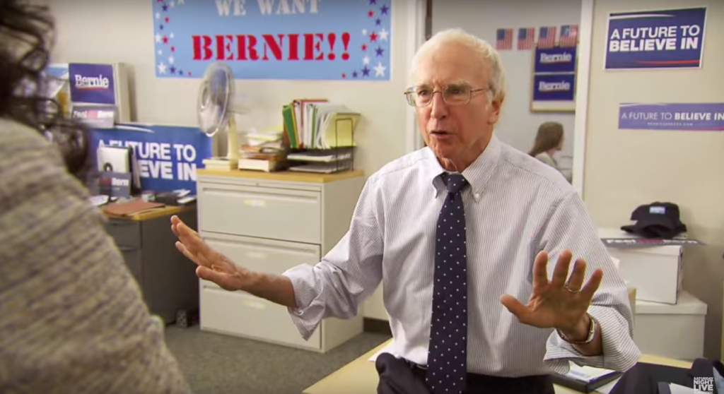 Larry David playing Bernie Sanders in the 'Saturday Night Live' skit 'Bern Your Enthusiasm.'