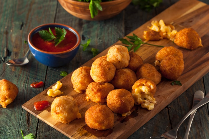 breaded, fried balls of macaroni and cheese with dipping sauce