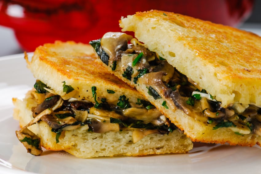 close-up of a mushroom grilled cheese on artisan bread