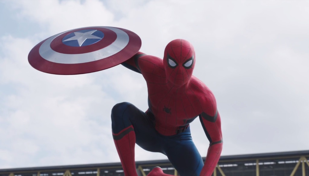 Spider-Man holds Captain America's shield in Civil War