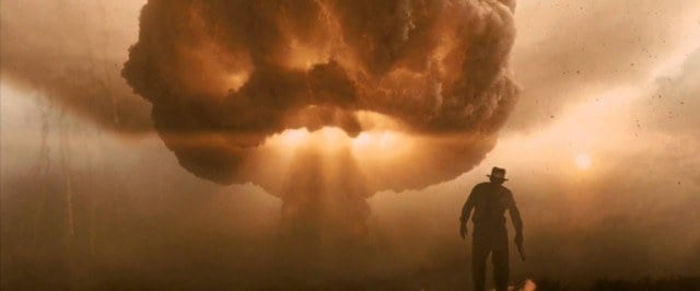 Indiana Jones (Harrison Ford) watches an atomic blast shortly in a scene from 'The Kingdom of the Crystal Skull'