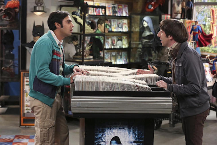 Kunal Nayyar and Simon Helberg visit the comic book store in a scene from CBS's The Big Bang Theory