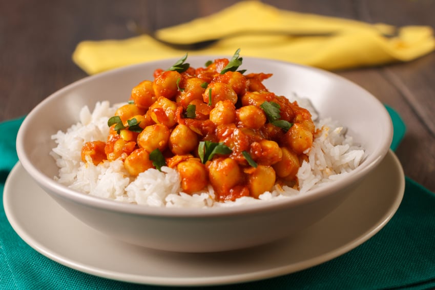 Chickpea curry with rice in a bowl