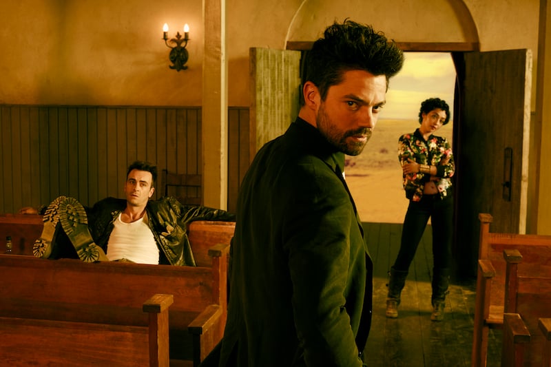 Joseph Gilgun as Cassidy, Dominic Cooper as Jesse Custer, Ruth Negga as Tulip O'Hare; group - Preacher _ Season 1, Gallery - Photo Credit: Matthias Clamer/AMC