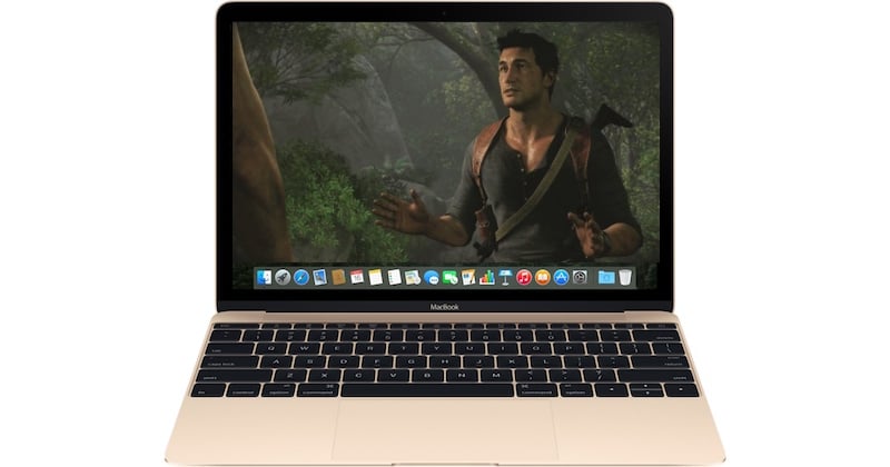 A Photoshopped image of Uncharted 4 running on a Macbook.
