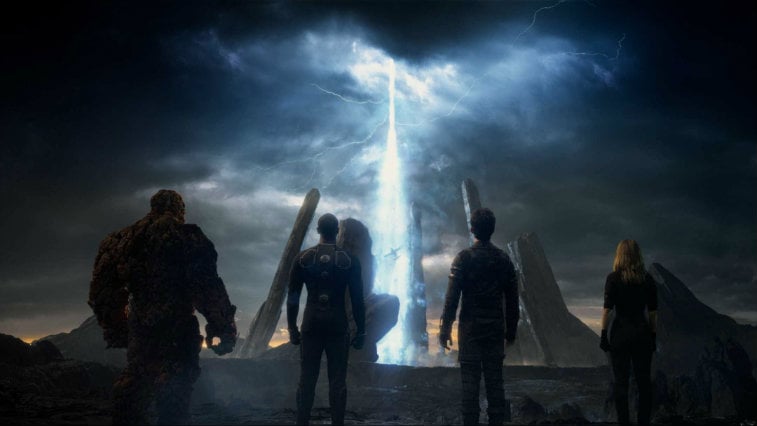 A screenshot from Fox's failed Fantastic Four reboot, of the characters looking at a beam of light in the sky