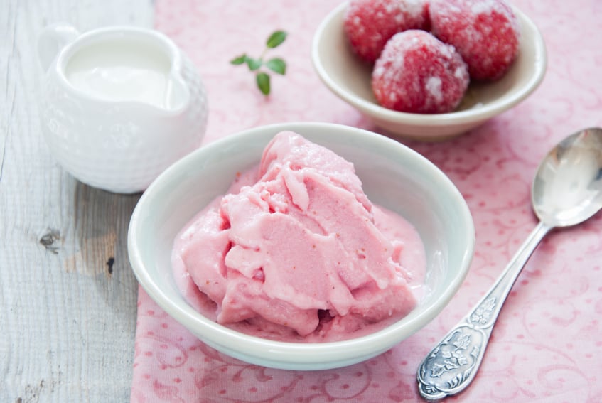 white dish filled with strawberry frozen yogurt