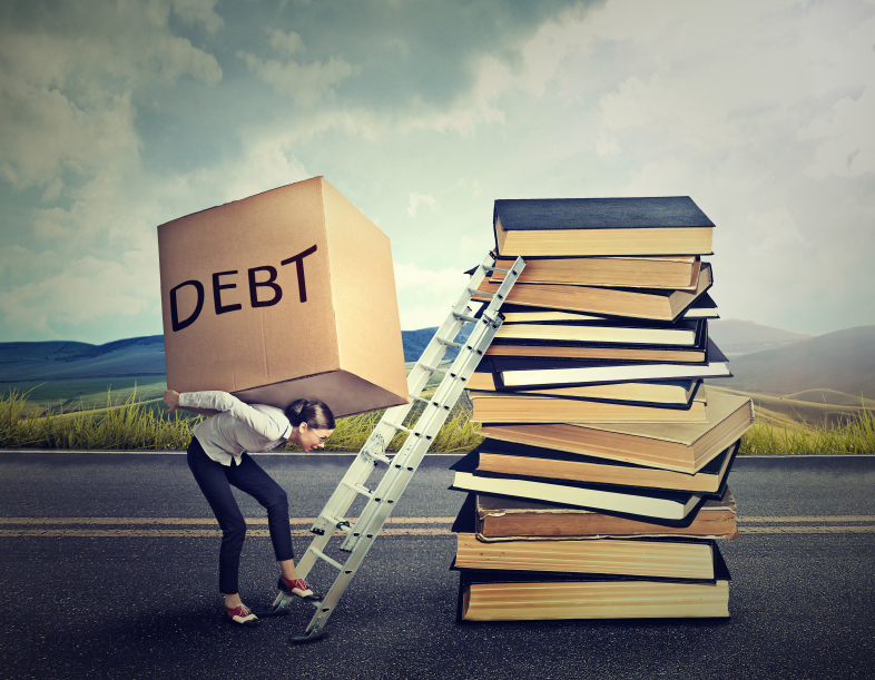 concept image with woman holding big box that says debt while trying to climb a ladder that's resting on a stack of giant books